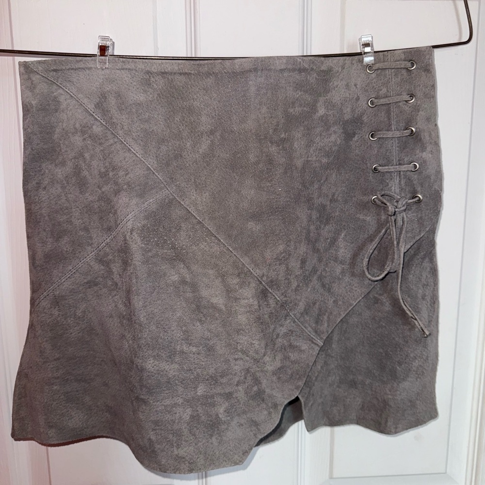 BLANK NYC Gray 100% Suede Leather Skirt with Lace-Up Accent